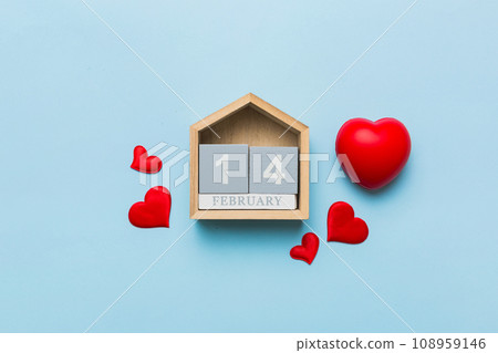 Valentine Day theme with wooden block calendar. Greeting card template for Valentines Day copy space for text Valentine Day theme with wooden block calendar. Greeting card template for Valentines Day copy space for text 108959146