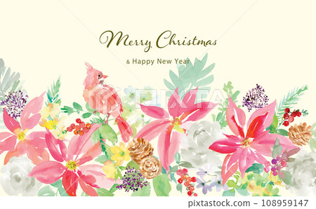 一品紅和紅衣主教畫水彩的聖誕卡插圖 一品紅和紅衣主教畫水彩的聖誕卡插圖 108959147