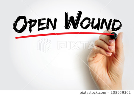 Open Wound - injuries that involve a break in the skin and leave the internal tissue exposed, text concept background 108959361