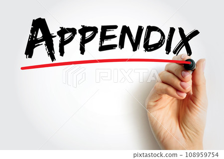 Appendix is a finger-like, blind-ended tube connected to the cecum, from which it develops in the embryo, text concept background 108959754