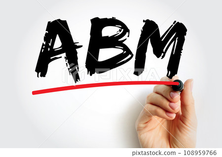 ABM Account Based Marketing - business marketing strategy that concentrates resources on a set of target accounts within a market, acronym text concept background 108959766
