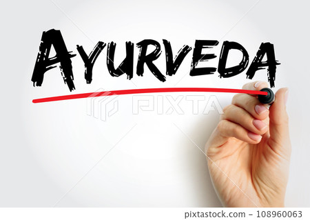 Ayurveda - alternative medicine system with historical roots in the Indian subcontinent, text concept background 108960063
