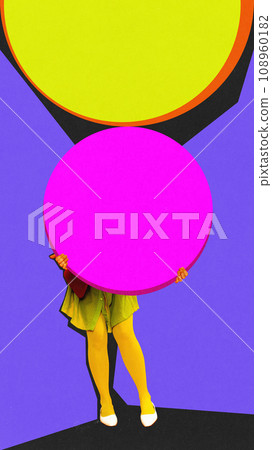 Young woman in colorful tights and clothes with multicolored circles on purple background. Contemporary art collage. Complementary colors. 108960182