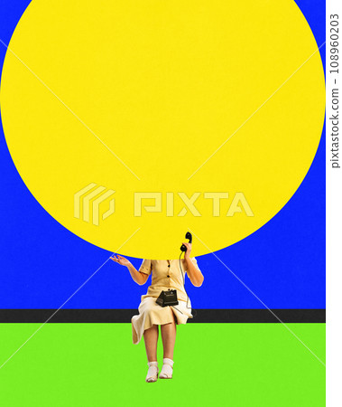 Woman in retro dress talking on phone. News, mass media, information. Contemporary art collage. Complementary colors. Woman in retro dress talking on phone. News, mass media, information. Contemporary art collage. Complementary colors. 108960203