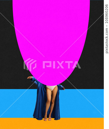 Young woman in gown hiding behind giant geometric figure over colorful background. Contemporary art collage. Complementary colors. Young woman in gown hiding behind giant geometric figure over colorful background. Contemporary art collage. Complementary colors. 108960206