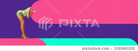 Elegant young woman hiding behind giant empty space. Contemporary art collage. Big sales season. Complementary colors. Elegant young woman hiding behind giant empty space. Contemporary art collage. Big sales season. Complementary colors. 108960208