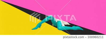 Female legs in tights and heels over colorful background. Ads, banner. Contemporary art collage. Complementary colors. Female legs in tights and heels over colorful background. Ads, banner. Contemporary art collage. Complementary colors. 108960211