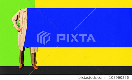Man in coat with empty space for ad. Banner. Advertisement. Contemporary art collage. Man in coat with empty space for ad. Banner. Advertisement. Contemporary art collage. 108960226