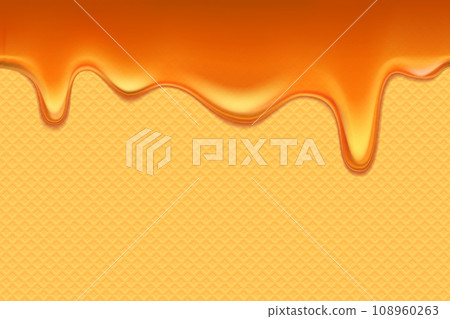 Caramel flows down over the wafer background. Caramel flows down over the wafer background. 108960263
