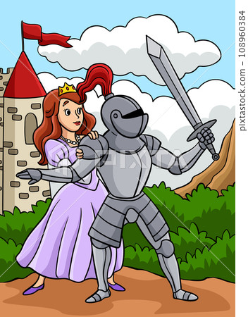 Knight Protecting the Princess Colored Cartoon  108960384