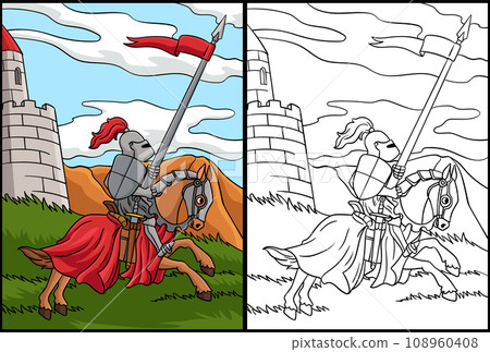Knight Joust Coloring Page Colored Illustration Knight Joust Coloring Page Colored Illustration 108960408