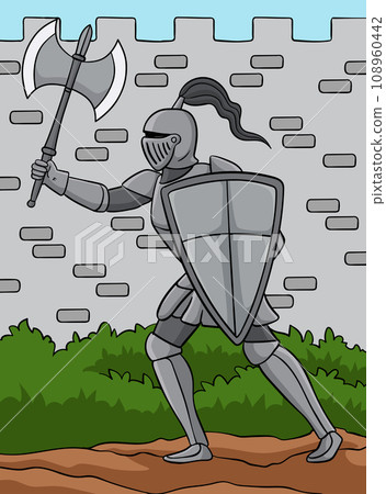 Knight Holding Axe and Shield Colored Cartoon Knight Holding Axe and Shield Colored Cartoon 108960442
