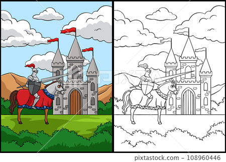 Knight Riding Horse in Front Castle Illustration Knight Riding Horse in Front Castle Illustration 108960446