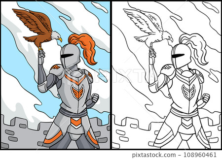 Knight with an Eagle Coloring Page Illustration Knight with an Eagle Coloring Page Illustration 108960461
