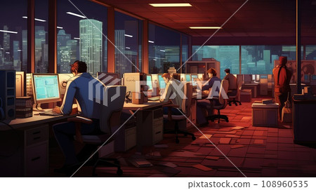 A office cubicle scene with employees cartoon illustration - Generative AI. 108960535
