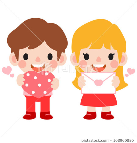 happy valentines day teen couple clipart. Romantic girl and boy giving heart gift 108960880