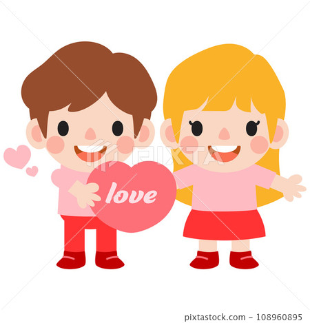 happy valentines day teen couple clipart. Romantic girl and boy giving heart gift 108960895