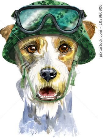 Watercolor portrait of airedale terrier dog in military tactical helmet 108960906