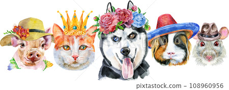 Border from watercolor portraits of dog, guinea pig, cat, mini pig, and rat 108960956