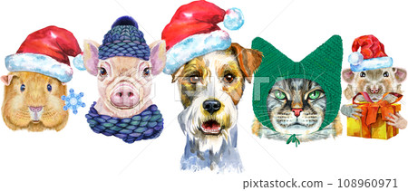 Border from watercolor portraits of dog, guinea pig, cat, mini pig, and rat 108960971
