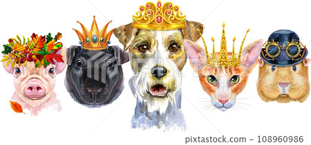Border from watercolor portraits of dog, guinea pig, cat, mini pig, and rat Border from watercolor portraits of dog, guinea pig, cat, mini pig, and rat 108960986