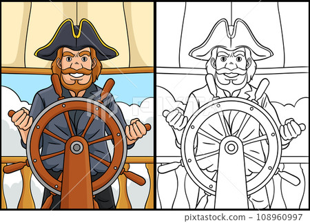 Pirate at the Helm Coloring Page Illustration 108960997