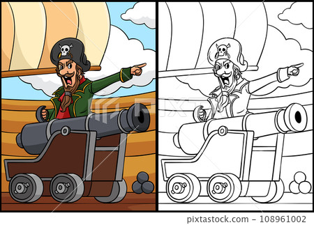Pirate Captain with Cannon Coloring Illustration Pirate Captain with Cannon Coloring Illustration 108961002
