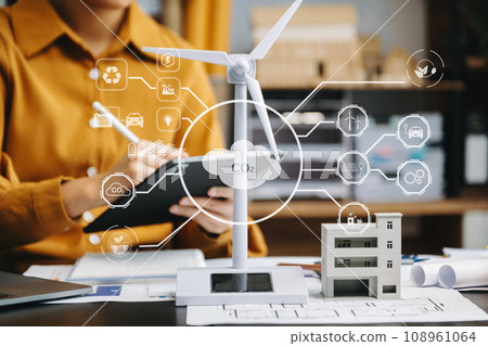 ESG concept of environmental, Green ethical business preserving resources, reducing CO2, Business person team working on laptop virtual smartphone to reduce CO2 emissions carbon . ESG concept of environmental, Green ethical business preserving resources, reducing CO2, Business person team working on laptop virtual smartphone to reduce CO2 emissions carbon . 108961064