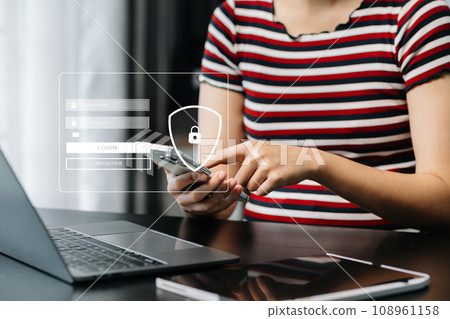 Cyber security concept, Login, User, identification information security and encryption, secure access to user's personal information woman using smart phone and tablet Cyber security concept, Login, User, identification information security and encryption, secure access to user's personal information woman using smart phone and tablet 108961158
