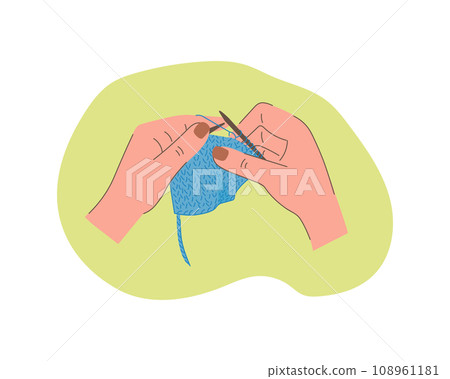 Woman hands are knitting with knitting needles. Knitting process, top view on hands holding needles. Hobby time. Vector illustration of a flat design. Creative hobby. 108961181