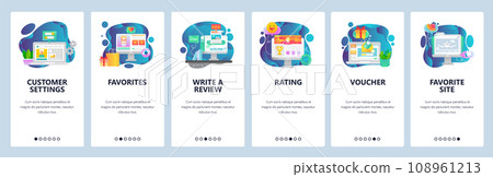 Mobile app onboarding screens. Online shopping, customer review, promotion voucher. Menu vector banner template for website and mobile development. Web site design flat illustration Mobile app onboarding screens. Online shopping, customer review, promotion voucher. Menu vector banner template for website and mobile development. Web site design flat illustration 108961213