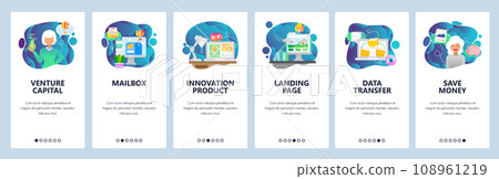 Mobile app onboarding screens. Female venture capitalist, investment, startup, email inbox, data sync and landing page. Vector banner template for website mobile development. Web site illustration Mobile app onboarding screens. Female venture capitalist, investment, startup, email inbox, data sync and landing page. Vector banner template for website mobile development. Web site illustration 108961219