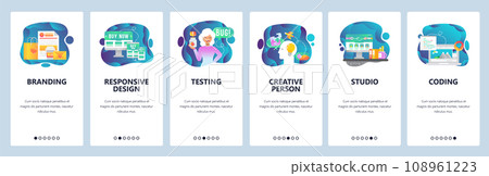 Mobile app onboarding screens. Digital marketing, branding and design studio, creativity. Menu vector banner template for website and mobile development. Web site design flat illustration 108961223