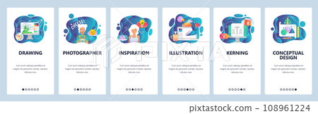 Mobile app onboarding screens. Digital art, drawing and painting, artist, illustration. Menu vector banner template for website and mobile development. Web site design flat illustration 108961224