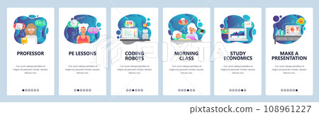 Mobile app onboarding screens. School and college education, programming robot, study economy, morning class. Menu vector banner template for website and mobile development. Web site flat illustration 108961227