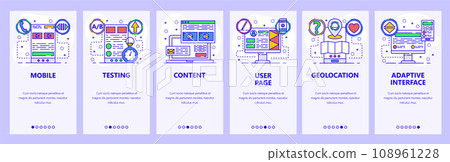 Mobile app onboarding screens. Software development, testing, website content. Menu vector banner template for website and mobile development. Web site design flat illustration 108961228