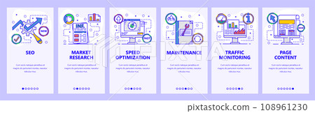 Mobile app onboarding screens. SEO and speed optimization, page content, traffic analysis. Menu vector banner template for website and mobile development. Web site design flat illustration Mobile app onboarding screens. SEO and speed optimization, page content, traffic analysis. Menu vector banner template for website and mobile development. Web site design flat illustration 108961230