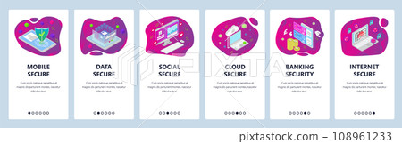 Mobile app onboarding screens. Cyber security, mobile data secure access, cloud and banking security. Menu vector banner template for website and mobile development. Web site isometric illustration Mobile app onboarding screens. Cyber security, mobile data secure access, cloud and banking security. Menu vector banner template for website and mobile development. Web site isometric illustration 108961233