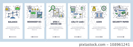 Mobile app onboarding screens. Financial services, bank loan, accounting and credit card payment. Menu vector banner template for website and mobile development. Web site design flat illustration 108961241