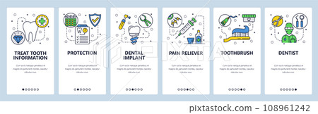 Mobile app onboarding screens. Dental care, tooth implant, dentist doctor and health insurance. Menu vector banner template for website and mobile development. Web site design flat illustration 108961242