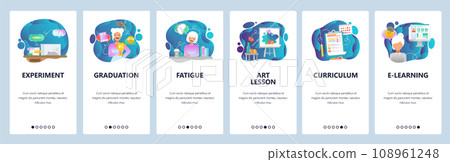 Mobile app onboarding screens. Biology experiment, graduation, art lesson, e-learning and education. Menu vector banner template for website and mobile development. Web site design flat illustration 108961248