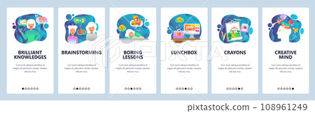 Mobile app onboarding screens. Creativity, brainstorm, knowledge and education, boring lessons. Menu vector banner template for website and mobile development. Web site design flat illustration 108961249