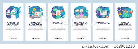 Mobile app onboarding screens. School and college education, chemistry lab, biology experiment, learning language. Vector banner template for website and mobile development. Web site flat illustration 108961250
