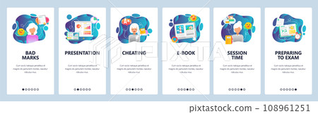 Mobile app onboarding screens. School and college education, exam cheating, session time. Menu vector banner template for website and mobile development. Web site design flat illustration Mobile app onboarding screens. School and college education, exam cheating, session time. Menu vector banner template for website and mobile development. Web site design flat illustration 108961251