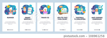 Mobile app onboarding screens. Sport, runner, wearable gadgets, training, sport news and games broadcast. Menu vector banner template for website and mobile development. Web site flat illustration 108961258
