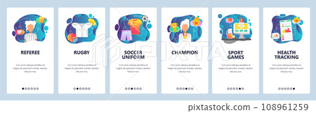 Mobile app onboarding screens. Sport referee, rugby and soccer uniform, sportsman health profile . Menu vector banner template for website and mobile development. Web site design flat illustration Mobile app onboarding screens. Sport referee, rugby and soccer uniform, sportsman health profile . Menu vector banner template for website and mobile development. Web site design flat illustration 108961259