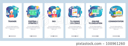 Mobile app onboarding screens. Sport game trainer, football strategy, sport fan and commentator. Menu vector banner template for website and mobile development. Web site design flat illustration Mobile app onboarding screens. Sport game trainer, football strategy, sport fan and commentator. Menu vector banner template for website and mobile development. Web site design flat illustration 108961260