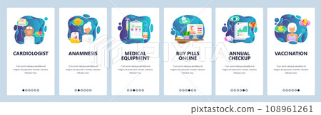 Mobile app onboarding screens. Medical equipment, doctor, drugs and hospital icons. Vaccination and annual checkup. Vector banner template for website and mobile development. Web site illustration 108961261
