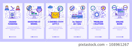Mobile app onboarding screens. Online bank and money transfer, investment and crowd funding. Menu vector banner template for website and mobile development. Web site design flat illustration Mobile app onboarding screens. Online bank and money transfer, investment and crowd funding. Menu vector banner template for website and mobile development. Web site design flat illustration 108961267