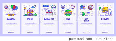 Mobile app onboarding screens. Shopping, store building, sales and promotion. Menu vector banner template for website and mobile development. Web site design flat illustration Mobile app onboarding screens. Shopping, store building, sales and promotion. Menu vector banner template for website and mobile development. Web site design flat illustration 108961278